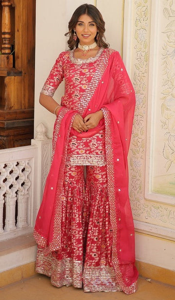 Divine Pink Color Jacquard Fabric Sharara Suit