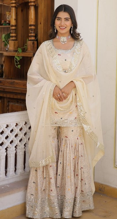 Divine Cream Color Jacquard Fabric Sharara Suit