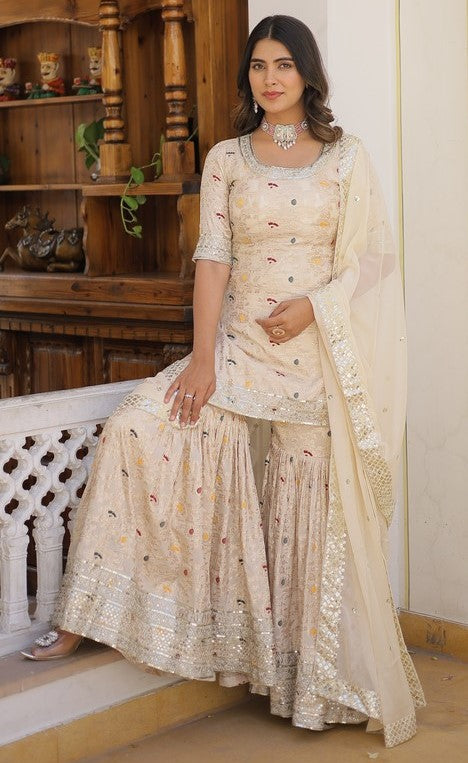 Divine Cream Color Jacquard Fabric Sharara Suit