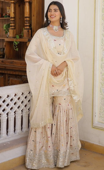 Divine Cream Color Jacquard Fabric Sharara Suit