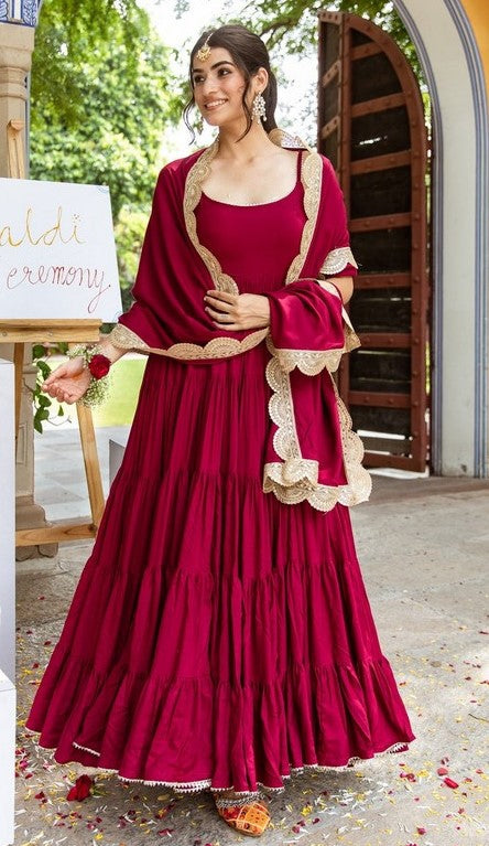 Dazzling Maroon Color Rayon Fabric Gown