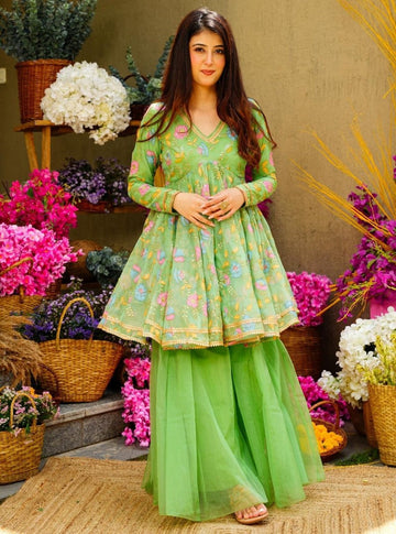 Dazzling Green Color Organza Fabric Sharara Suit