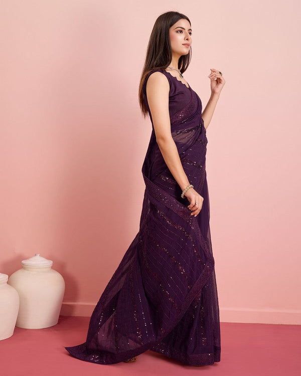 Beauteous Voilet Color Georgette Fabric Partywear Saree