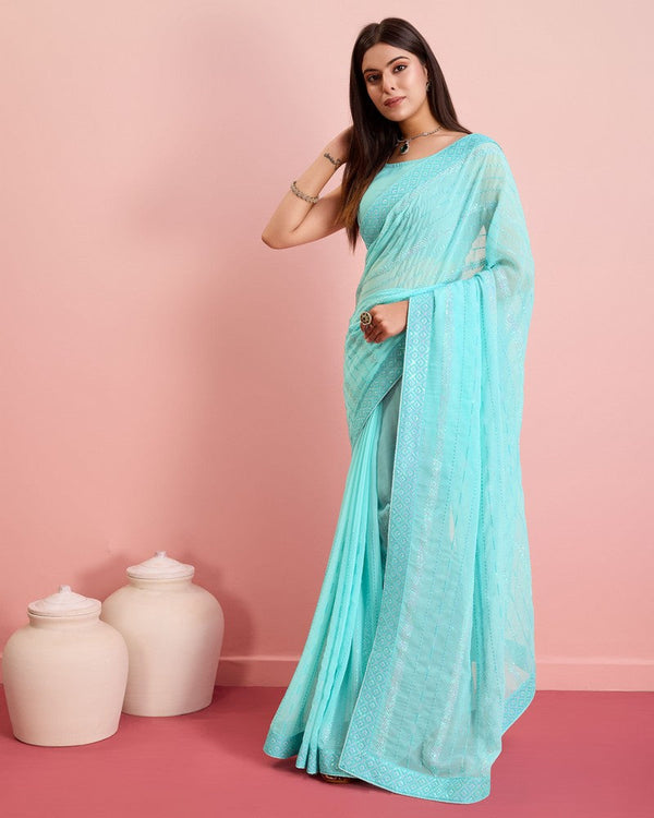 Beauteous Aqua Color Georgette Fabric Partywear Saree