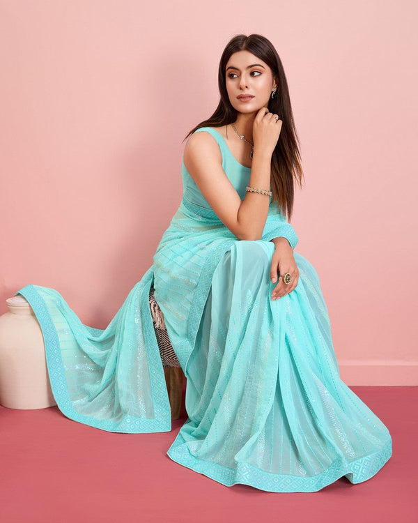 Beauteous Aqua Color Georgette Fabric Partywear Saree