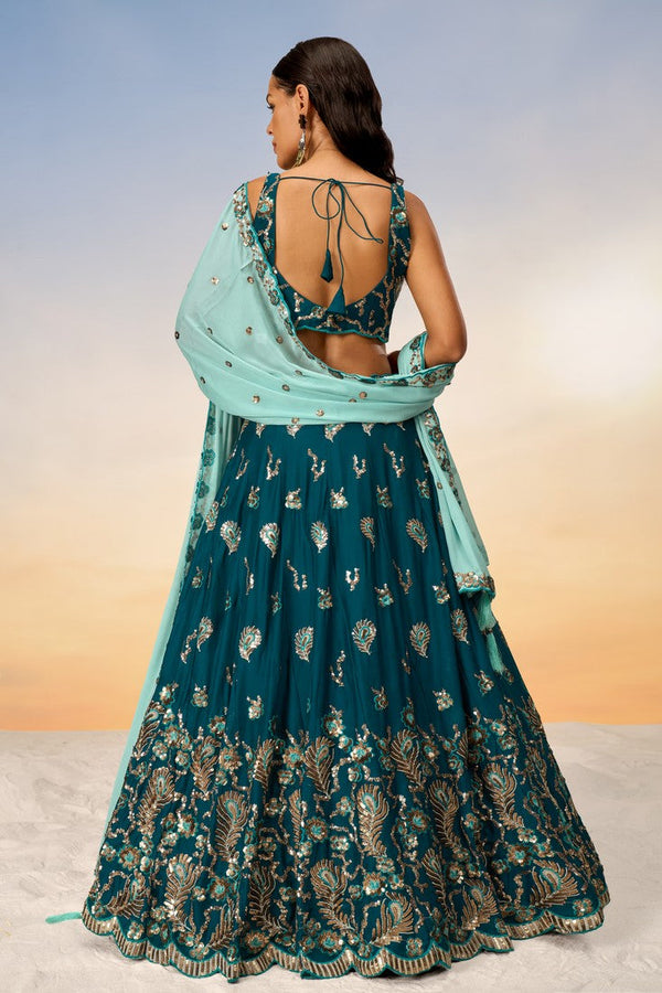 Lovely Teal Color Georgette Fabric Party Wear Lehenga