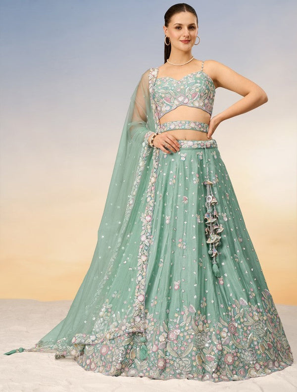 Lovely Green Color Chiffon Fabric Party Wear Lehenga