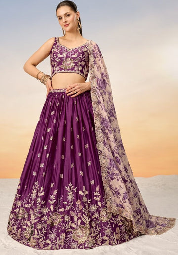 Lovely Voilet Color Chiffon Fabric Party Wear Lehenga