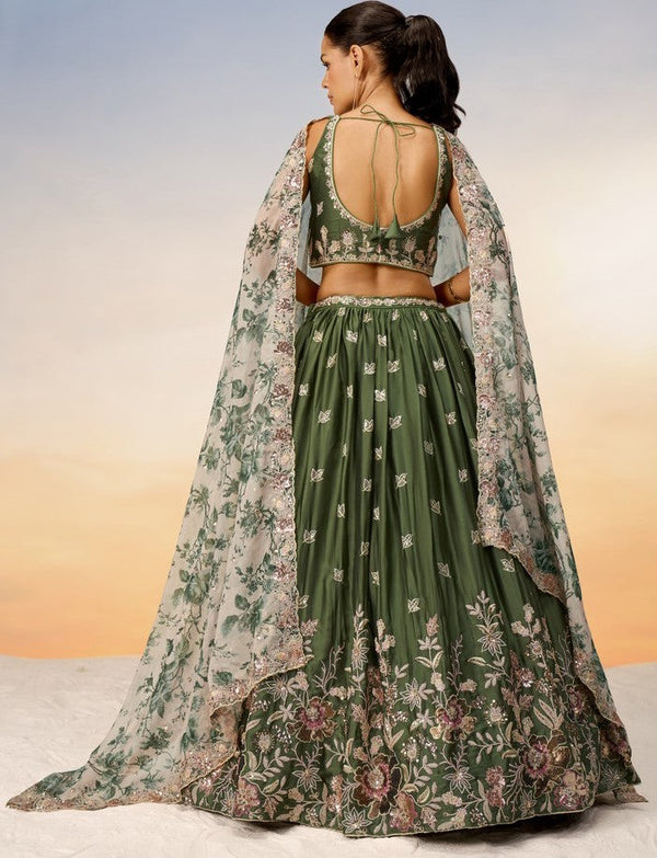 Lovely Green Color Chiffon Fabric Party Wear Lehenga