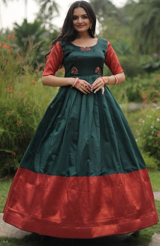 Dazzling Green Color Banarasi Fabric Gown