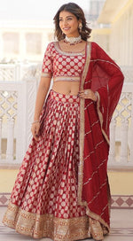 Lovely Red Color Viscose Fabric Party Wear Lehenga