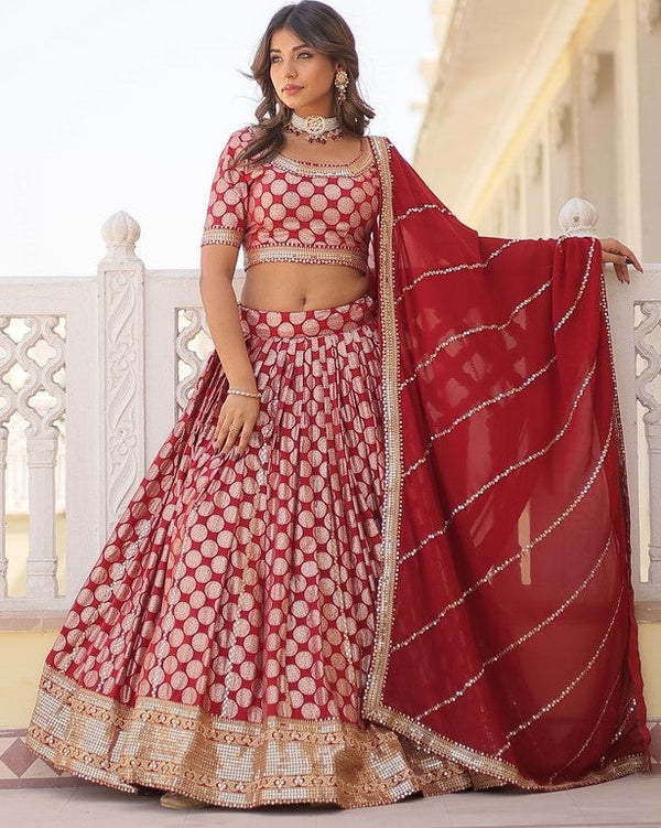 Lovely Red Color Viscose Fabric Party Wear Lehenga