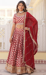 Lovely Red Color Viscose Fabric Party Wear Lehenga