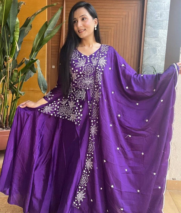 Striking Purple Color Chinon Fabric Gown