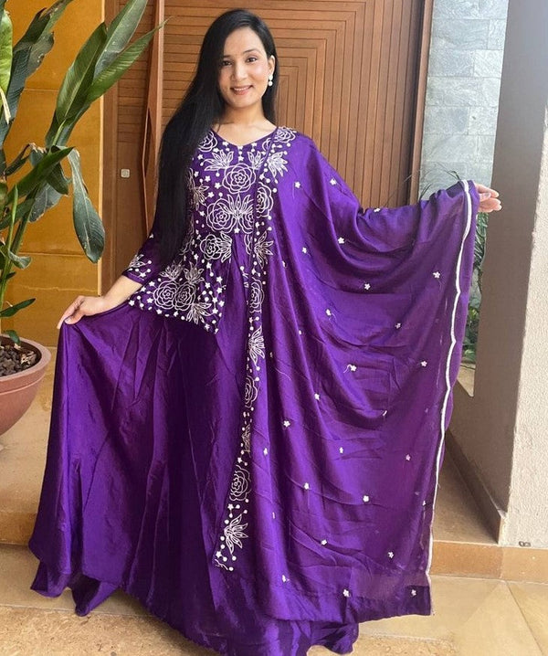 Striking Purple Color Chinon Fabric Gown