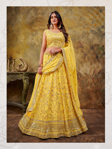 Beautiful Yellow Color Georgette Fabric Party Wear Lehenga