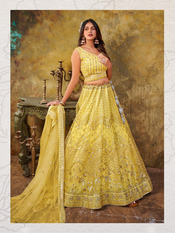 Beautiful Yellow Color Net Fabric Party Wear Lehenga