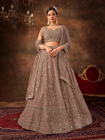 Beautiful Brown Color Georgette Fabric Party Wear Lehenga