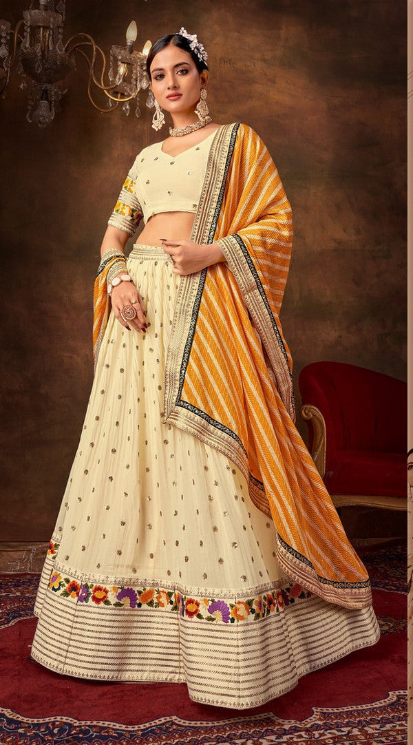 Beautiful Cream Color Georgette Fabric Party Wear Lehenga