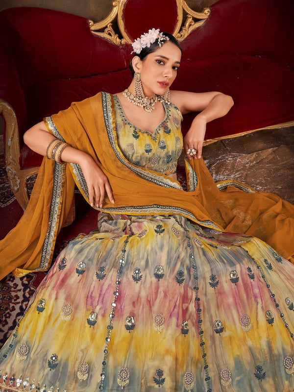 Beautiful Multi Color Organza Fabric Party Wear Lehenga