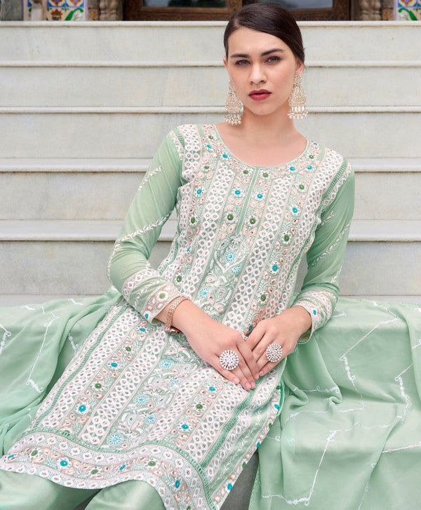 Tasteful Green Color Chinon Fabric Designer Suits