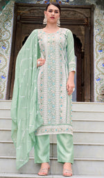 Tasteful Green Color Chinon Fabric Designer Suits