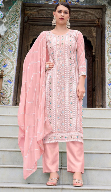 Tasteful Pink Color Chinon Fabric Designer Suits