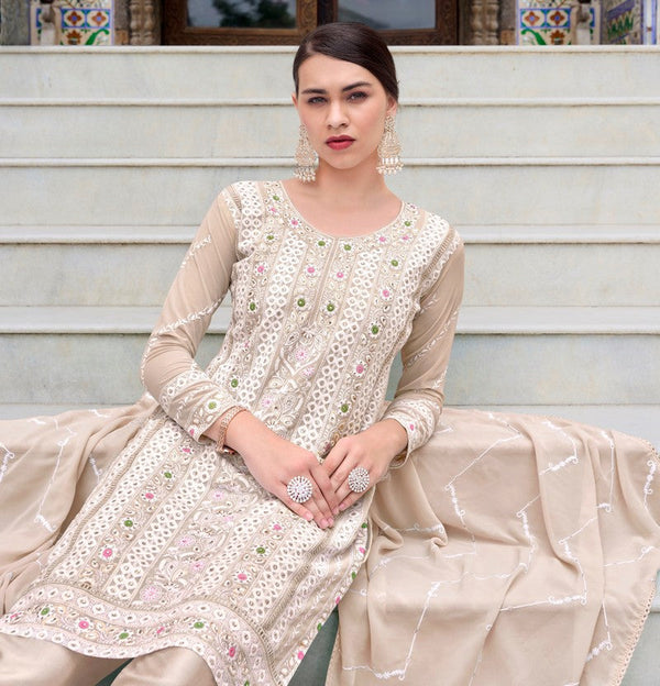 Tasteful Beige Color Chinon Fabric Designer Suits