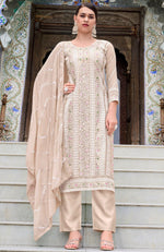 Tasteful Beige Color Chinon Fabric Designer Suits