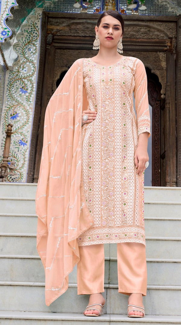 Tasteful Peach Color Chinon Fabric Designer Suits