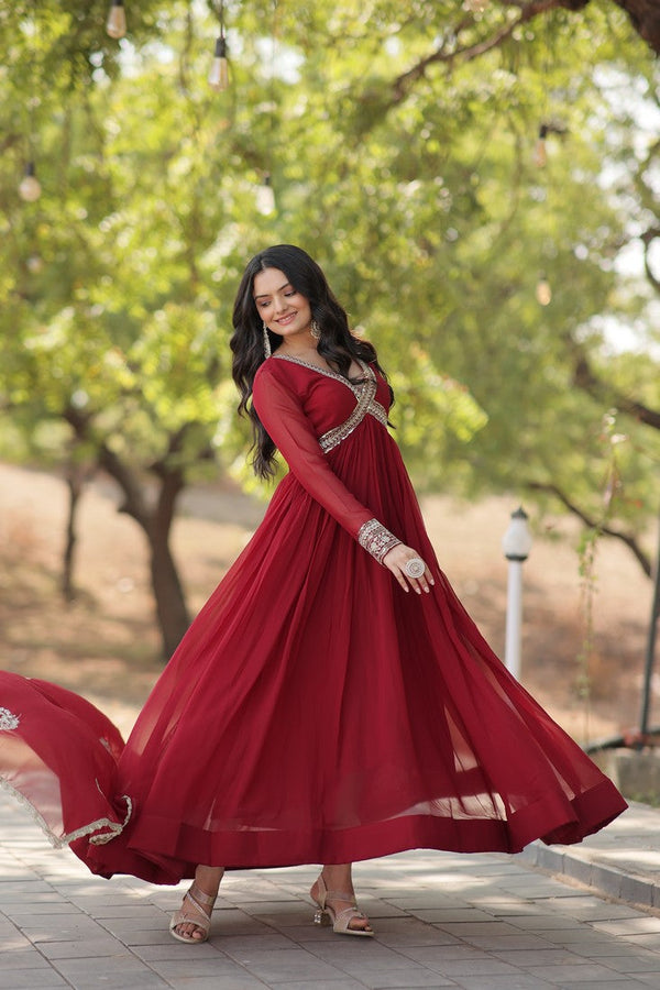 Striking Maroon Color Blooming Fabric Gown