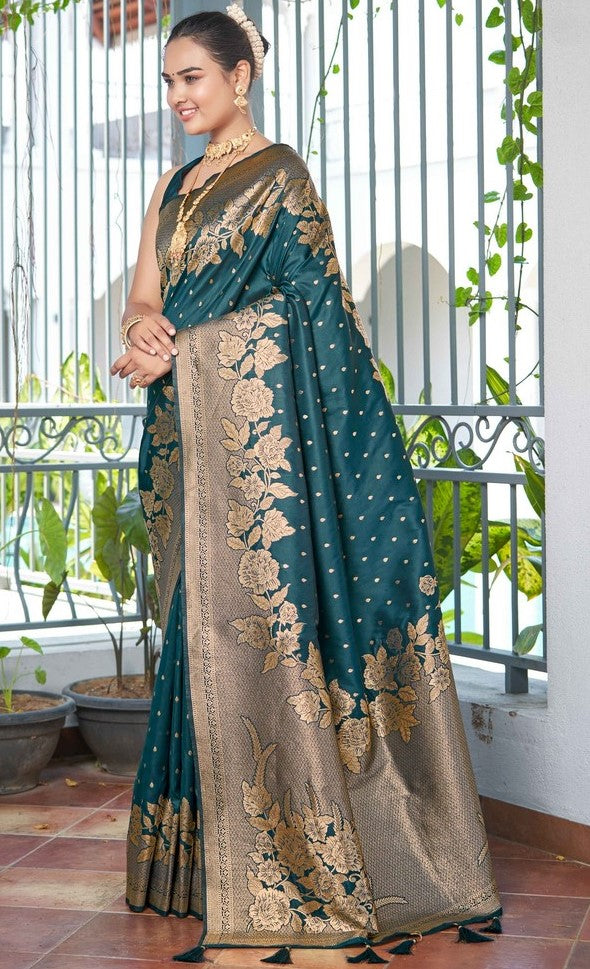 Beauteous Teal Color Banarasi Fabric Partywear Saree