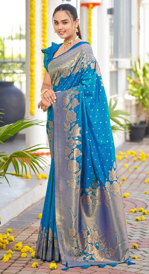 Beauteous Turquoise Color Banarasi Fabric Partywear Saree