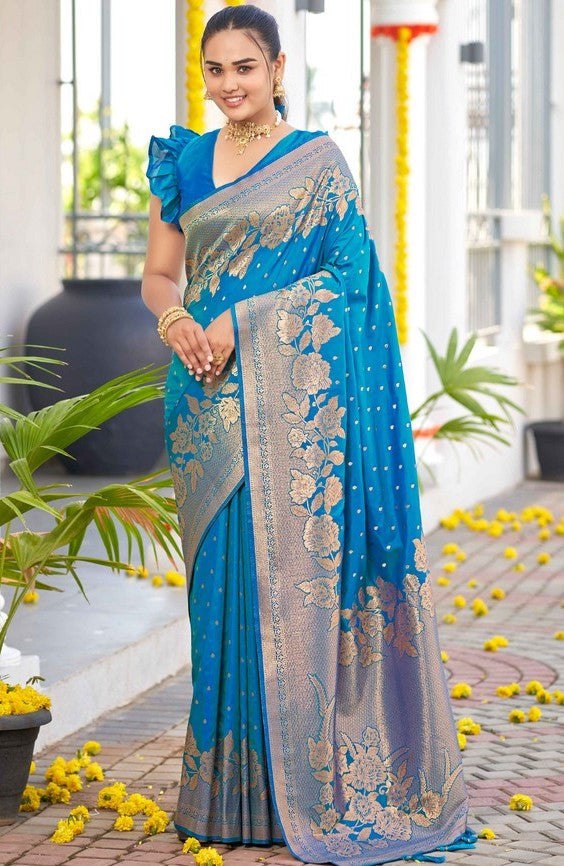 Beauteous Turquoise Color Banarasi Fabric Partywear Saree