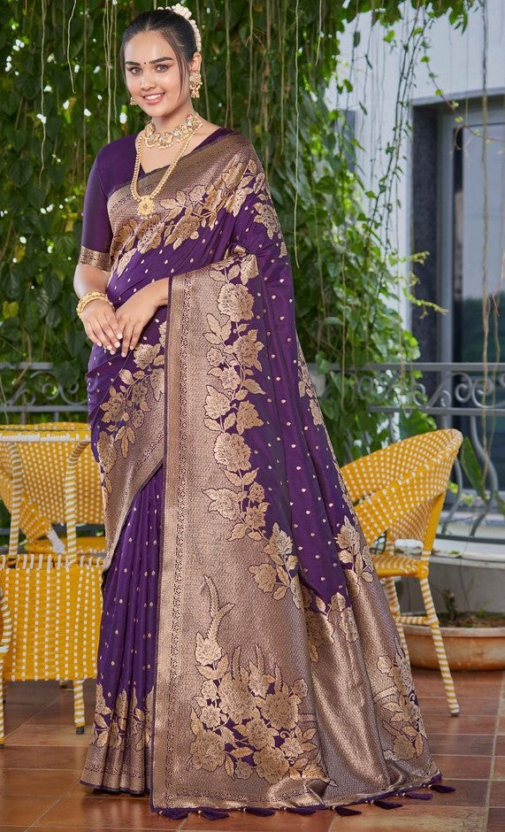 Beauteous Wine Color Banarasi Fabric Partywear Saree