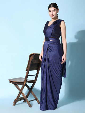Pretty Navy Blue Color Crush Fabric Readymade Saree