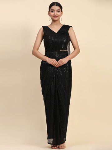 Pretty Black Color Polyester Fabric Readymade Saree