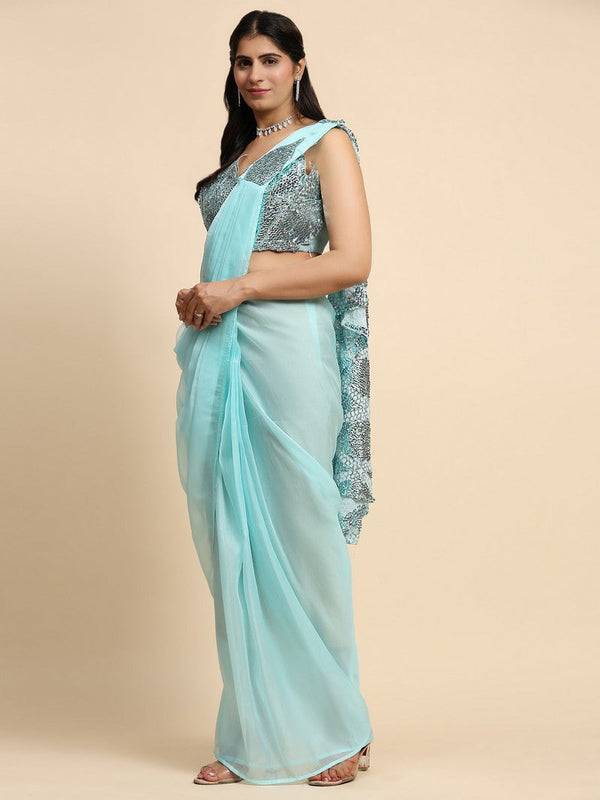 Pretty Aqua Color Silk Fabric Readymade Saree