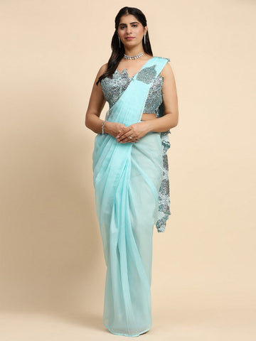 Pretty Aqua Color Silk Fabric Readymade Saree