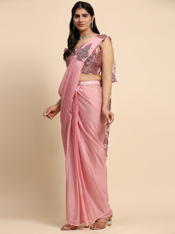 Pretty Pink Color Silk Fabric Readymade Saree