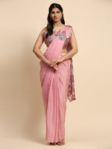 Pretty Pink Color Silk Fabric Readymade Saree