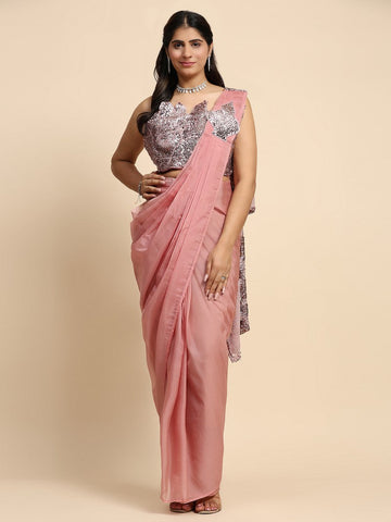 Pretty Peach Color Silk Fabric Readymade Saree