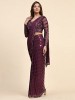 Pretty Wine Color Georgette Fabric Readymade Saree