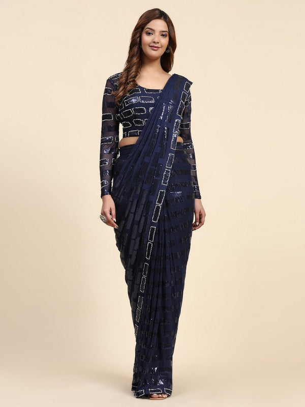 Pretty Navy Blue Color Georgette Fabric Readymade Saree