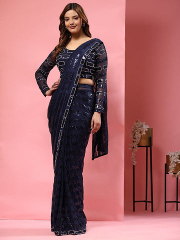 Pretty Navy Blue Color Georgette Fabric Readymade Saree
