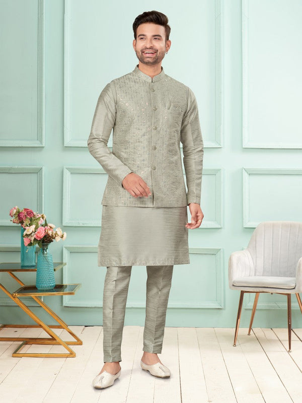 Amazing Grey Color Jacquard Fabric Kurta Pajama and Jacket