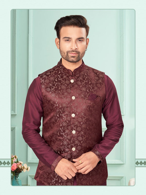 Amazing Maroon Color Jacquard Fabric Kurta Pajama and Jacket