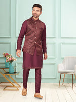 Amazing Maroon Color Jacquard Fabric Kurta Pajama and Jacket