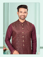 Amazing Maroon Color Jacquard Fabric Kurta Pajama and Jacket