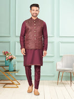 Amazing Maroon Color Jacquard Fabric Kurta Pajama and Jacket